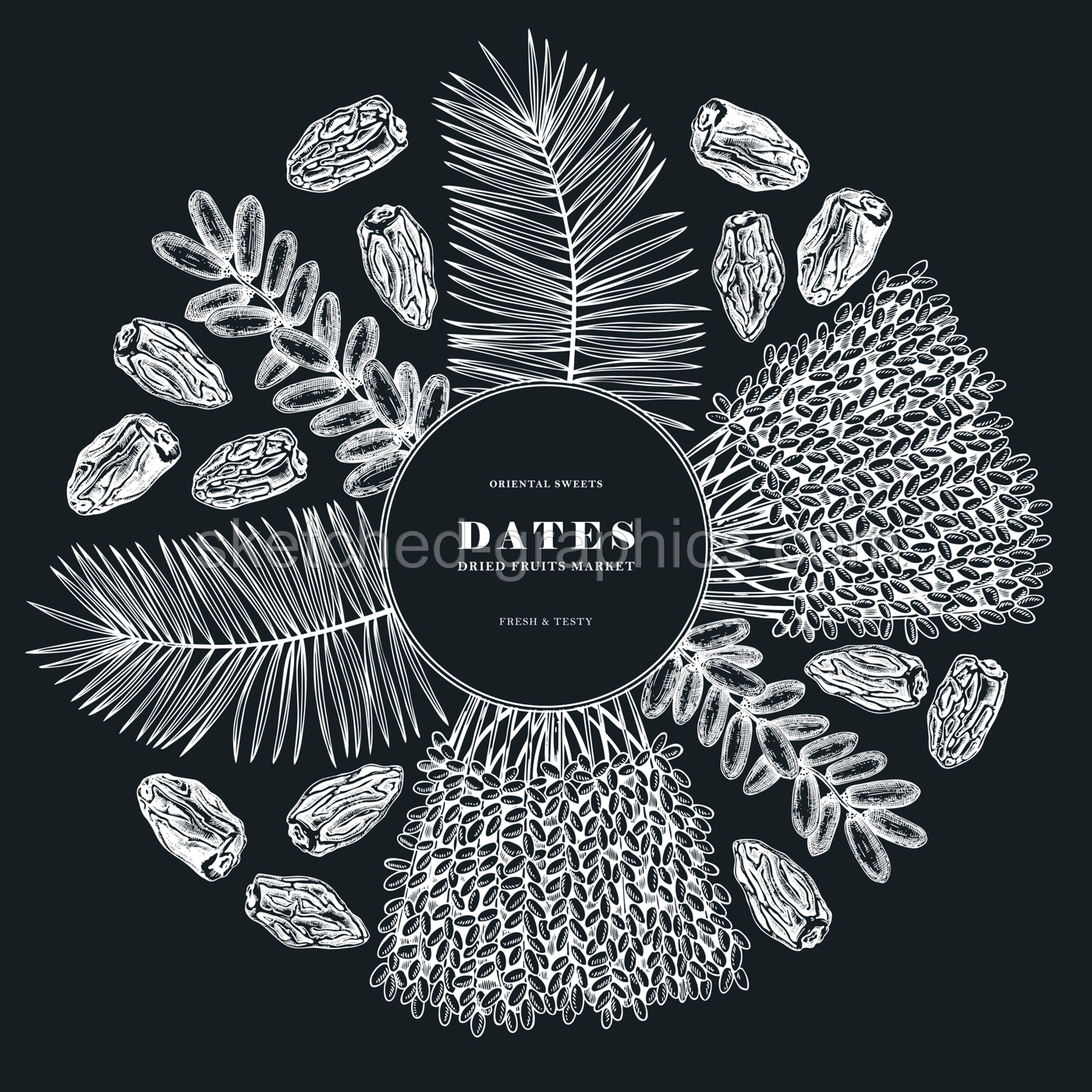 Hand drawn dates leaves, fresh and dried fruits, palm sketches wreath. Dehydrated fruit in engraved style design on chalkboard. Oriental sweets illustration. Vintage dried dates packaging template Illustration